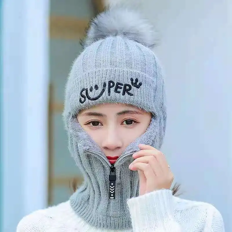 Coral Fleece Winter Women Knitted Hats Add Fur Warm Winter Hats For Women With Zipper Keep Face Warmer Balaclava Pompoms Caps