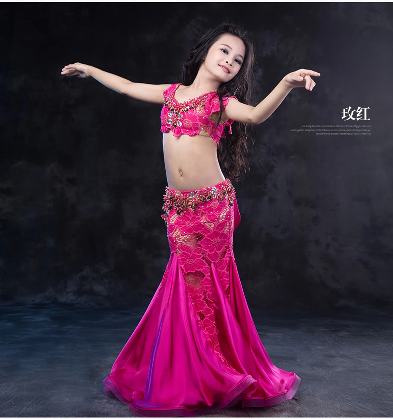 Girls Professional belly dancing clothes luxury children sleeveless T-shirt+lace long skirt 2pcs belly dance set kids dance suit