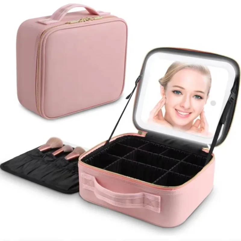 2026 New Large Capacity Desktop Cosmetics Storage Box Waterproof Leather Portable Makeup Bag Strap LED Mirror