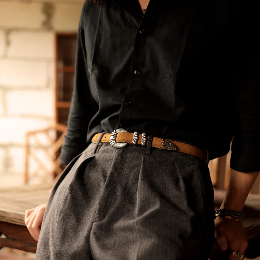 Vintage Suede Leather Belt for Men Women Western Style Engraved Buckle Unisex Split Leather Jeans Adjustable Cowboy Waist Belt
