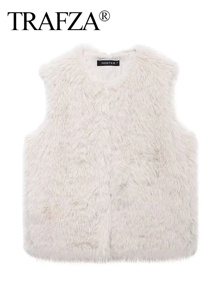 TRAFZA Women Vintage Faux Fur Vest Sleeveless O-Neck Solid Side Pockets Design Casual Slim Jacket Female Soft Plush Streetwear