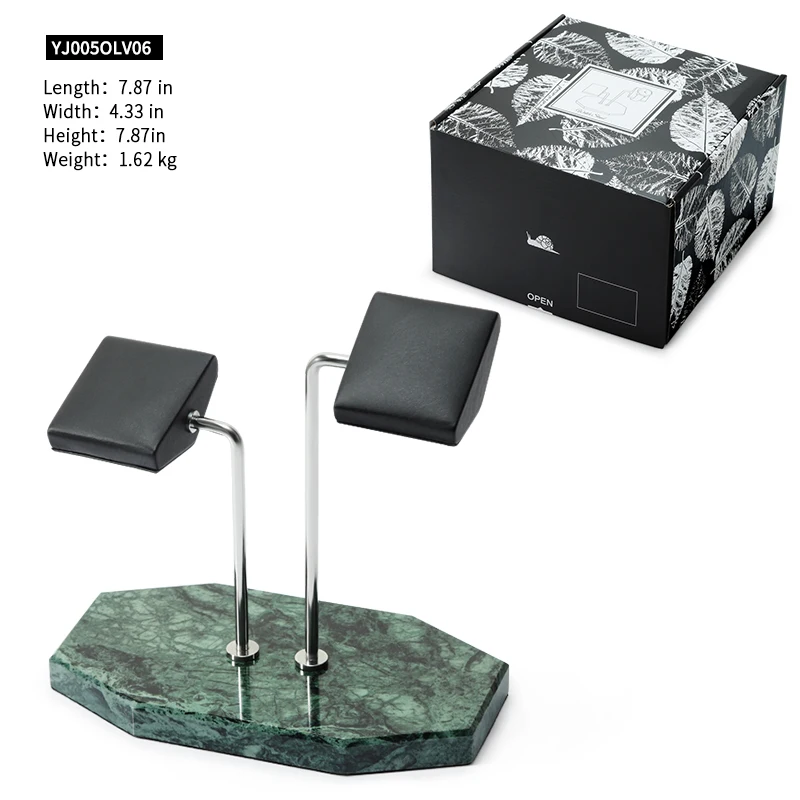 Jourbon Custom Logo Marble Base Double Top Head Holder Genuine Real PU Leather Tabletop Watch Display Stand with Gift Box