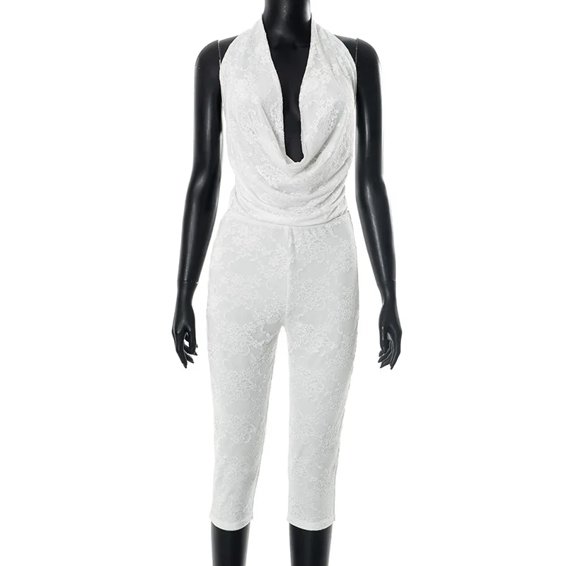 ヨーロッパとアメリカの新しい夏の女性のレースのスイングカラーぶら下げ首大きな背中の開いたタイトフィットパンツ女性。