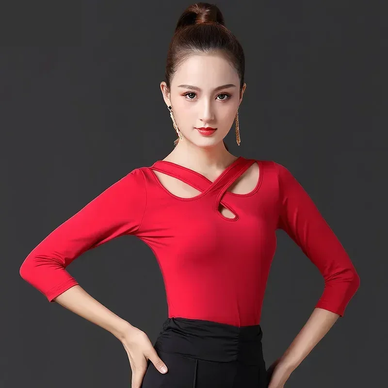 

Latin dance top female adult clothing new short-sleeved sexy competition training dress performance modern dance shirt