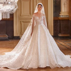 Luxurious Wedding Dress  Embroidery With Bead Ball Gown O-Neck Full Sleeve Church Wedding Button Vestido De Novia Customized