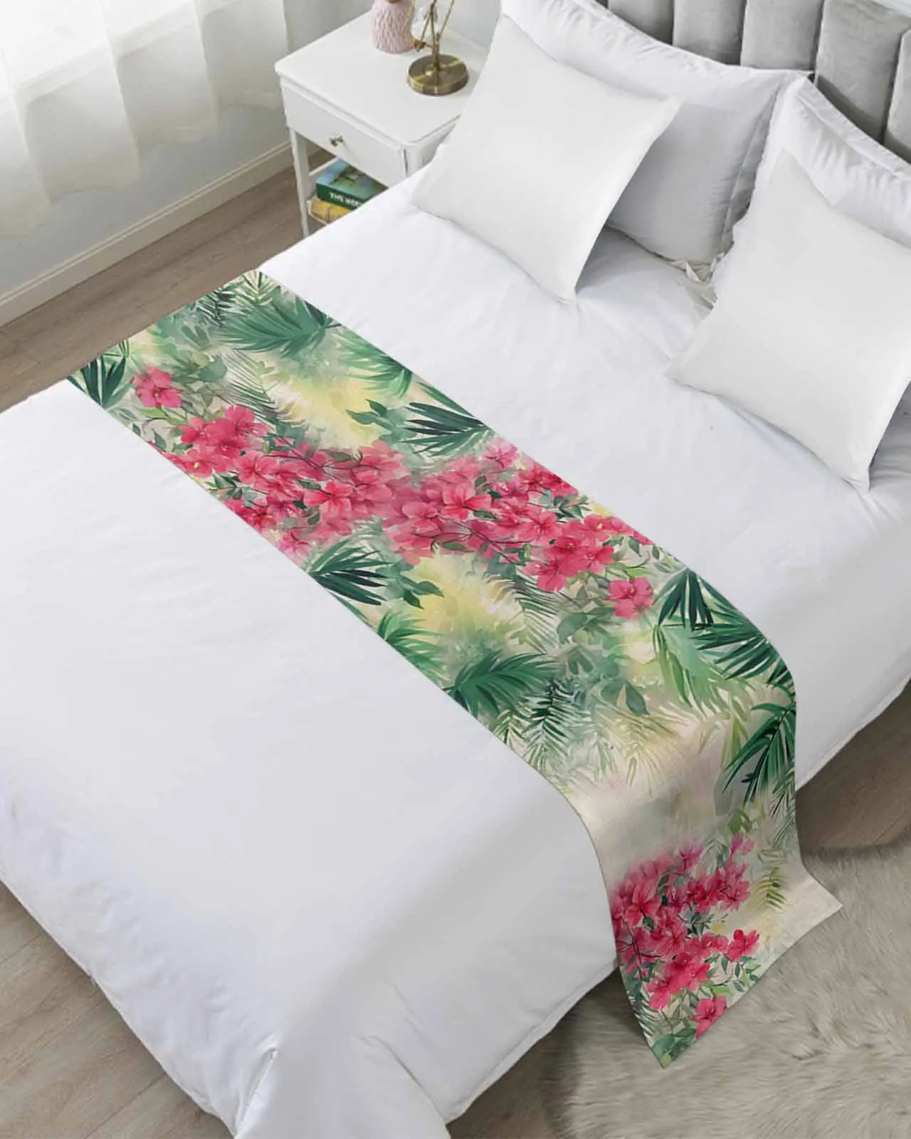

Watercolor Wildflowers Linen Bed Runner Luxury Hotel Bed Tail Scarf Decorative Cloth Home Bedroom