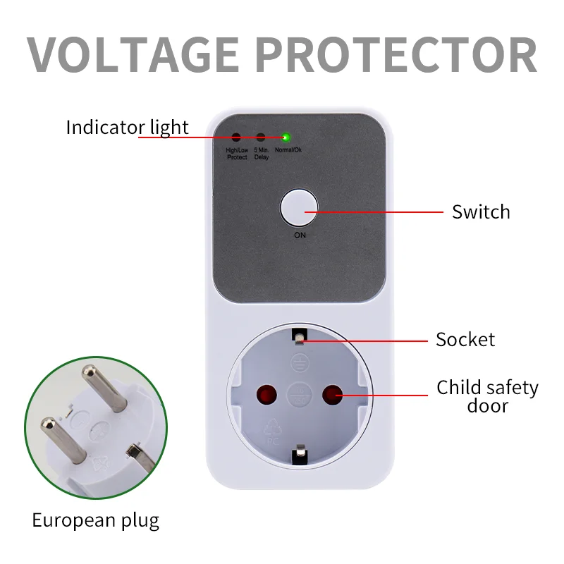 Auto Voltage Regulator & Surge Protector Socket 220V, Universal EU/UK/US Plug for Refrigerator and Home Appliances