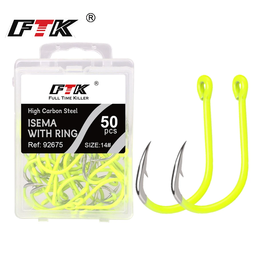 FTK 50PCS ami da pesca affilati in acciaio ad alto tenore di carbonio spinato pesca fluorescente gancio durevole amo da combattimento per attrezzi da pesca con occhio per carpa