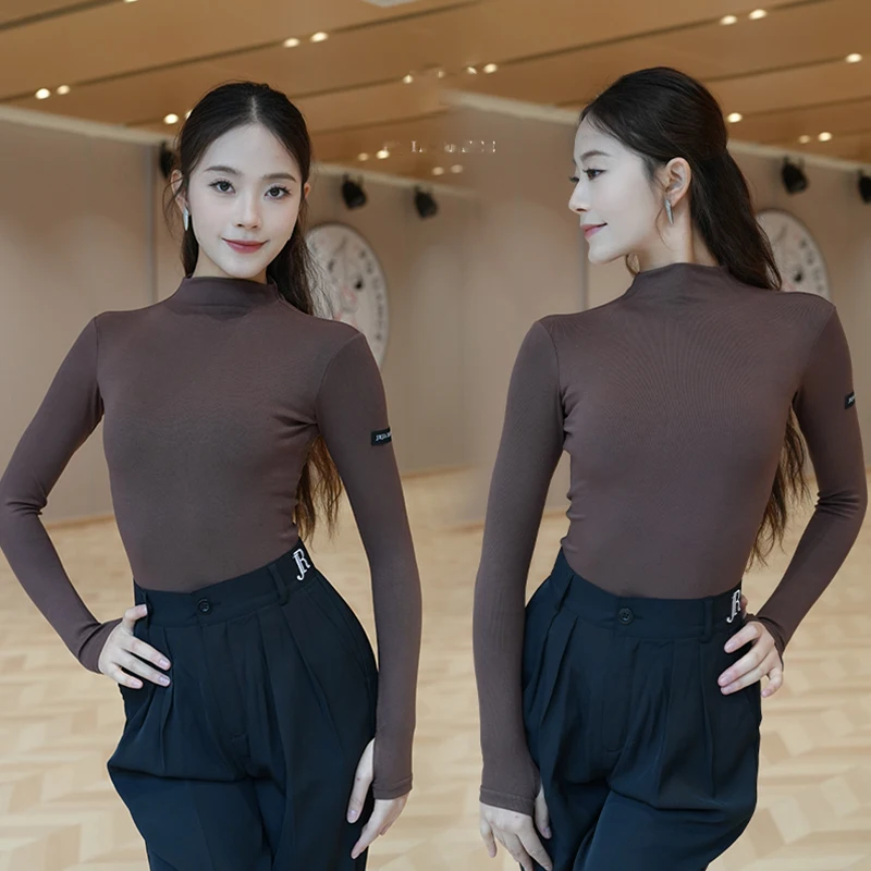 الرقص اللاتينية المرأة طويلة الأكمام الأسود ملابس رقص الجمباز عالية طوق ارتداءها راقصة ممارسة ارتداء ملابس التدريب اللاتينية AMY2883 #2