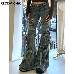 ReddaChic Tall Girl Cargo Pockets Flare Jeans Women Detachable Belt Vintage Blue Distressed Bootcut Pants Grunge Y2k Streetwear