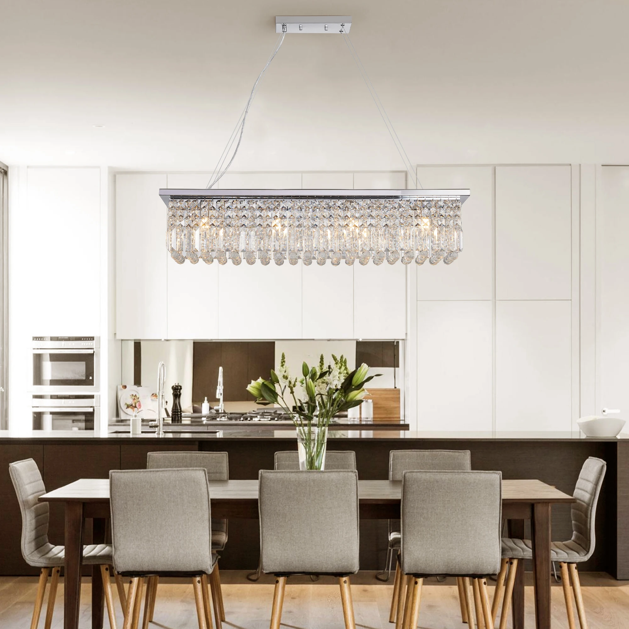 8-Light Modern Crystal Chandelier Chrome color Rectangle Chandelier Contemporary  Pendant Light Fixture (Bulb Not Included)