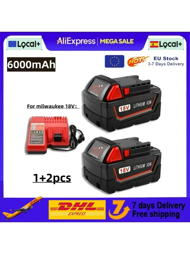 Voor Milwaukee M18 accu voor elektrische gereedschappen, oplader, BR, XC, 18V, 6000mAh M18B5, 48-11-1860, ingebouwde 18650 accu - afbeelding 2