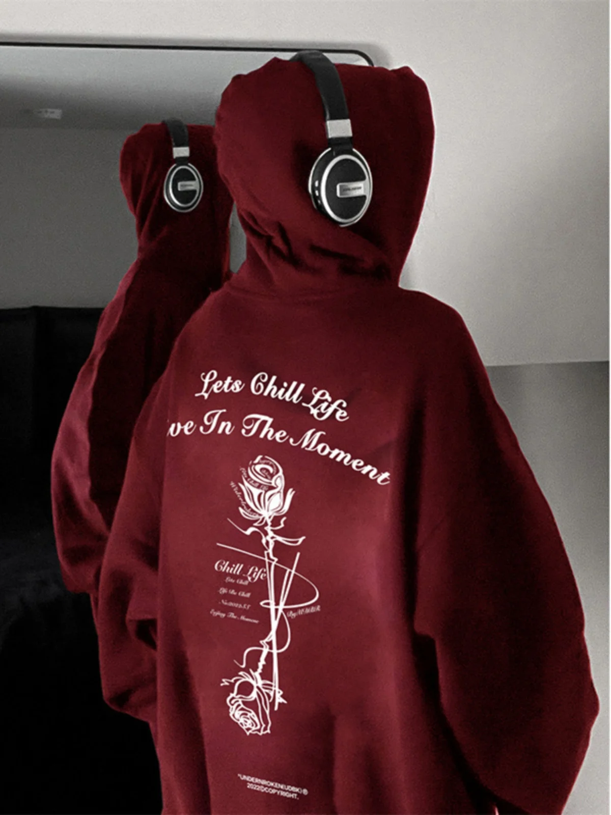 

k Red Double Layer Hoodie Men's American Sle Heavy Feel Oversize Jaet Autumn Seasonal Casual Cotton Print Sweatirt