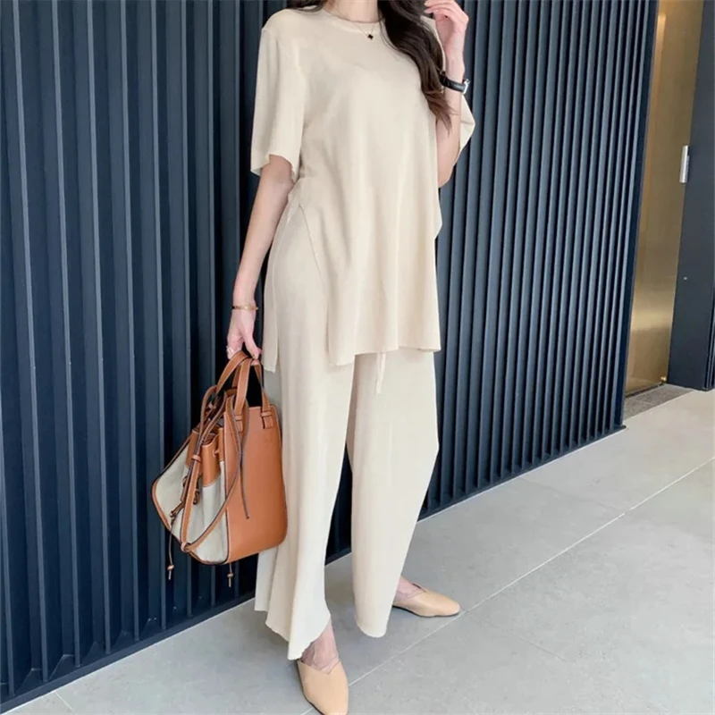 Loose Thin Elegant Knitted Pants 2 Piece Set Women Split Long Sleeve Tees Conjunto Casual Summer Wide Leg Pantalones Outfits