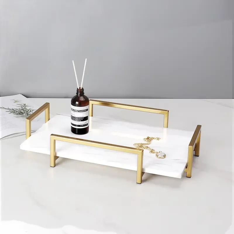 Modern Minimalist Rectangular Marble Tray with Metal Frame Handmade Creative Home Storage Organizer for Daily Necessities