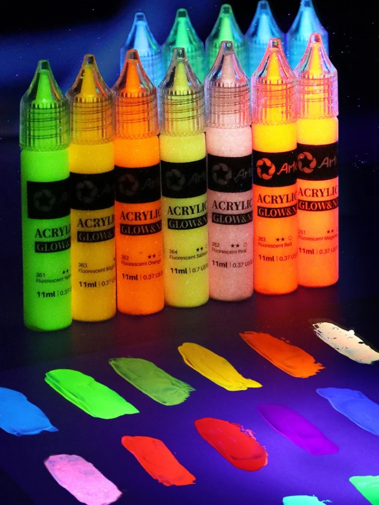 Zestaw farb akrylowych fluorescencyjnych 6/12/18 kolorów 11ML - Farby świecące w ciemności do tkanin, ubrań, butów, malowania ścian i sztuki. — zdjęcie produktu 7