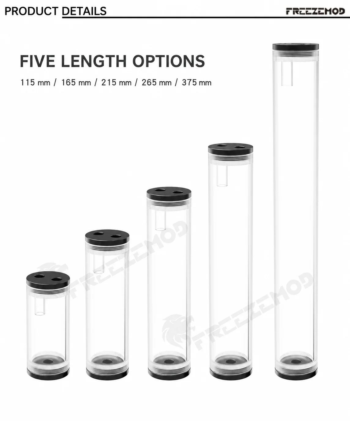 FREEZEMOD WM-YSX-G3 PC Water Cooling Reservoir Acrylic Cylinder Tank 3-Port G1/4 POM Cap 115-375mm