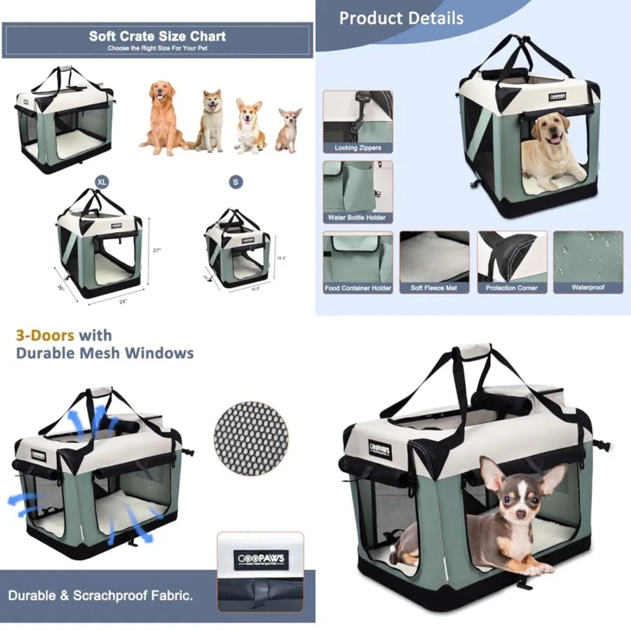 

Soft Dog Crates Kennel for Pets, 3 Door Soft Sided Folding Travel Pet Carrier with Straps and Fleece Mat for Dogs, Cats, Rabbit