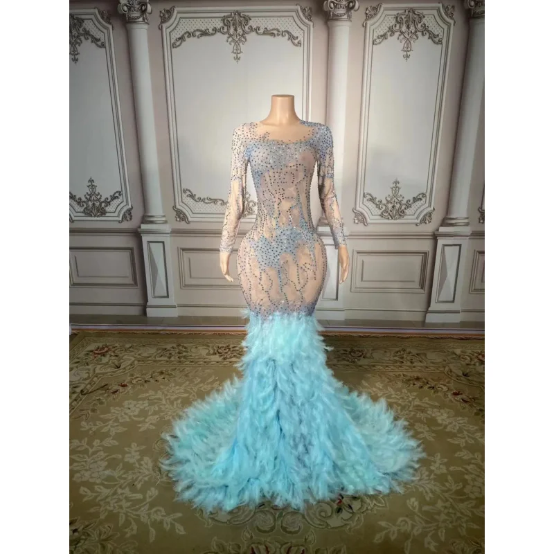 Sexy Transparent Celebrate Evening Prom Gown Birthday Dress for Women Sparkly Rhinestones Feather Dress Festival Outfit JS1921