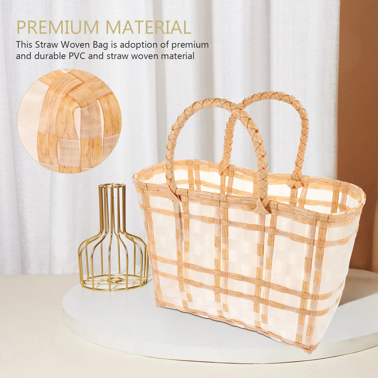 

Straw Woven Bag Lightweight Portable Handmade Handbag Wedding Gift Storage Pouch Picnic Wicker Basket Summer Beach Tote Outdoor