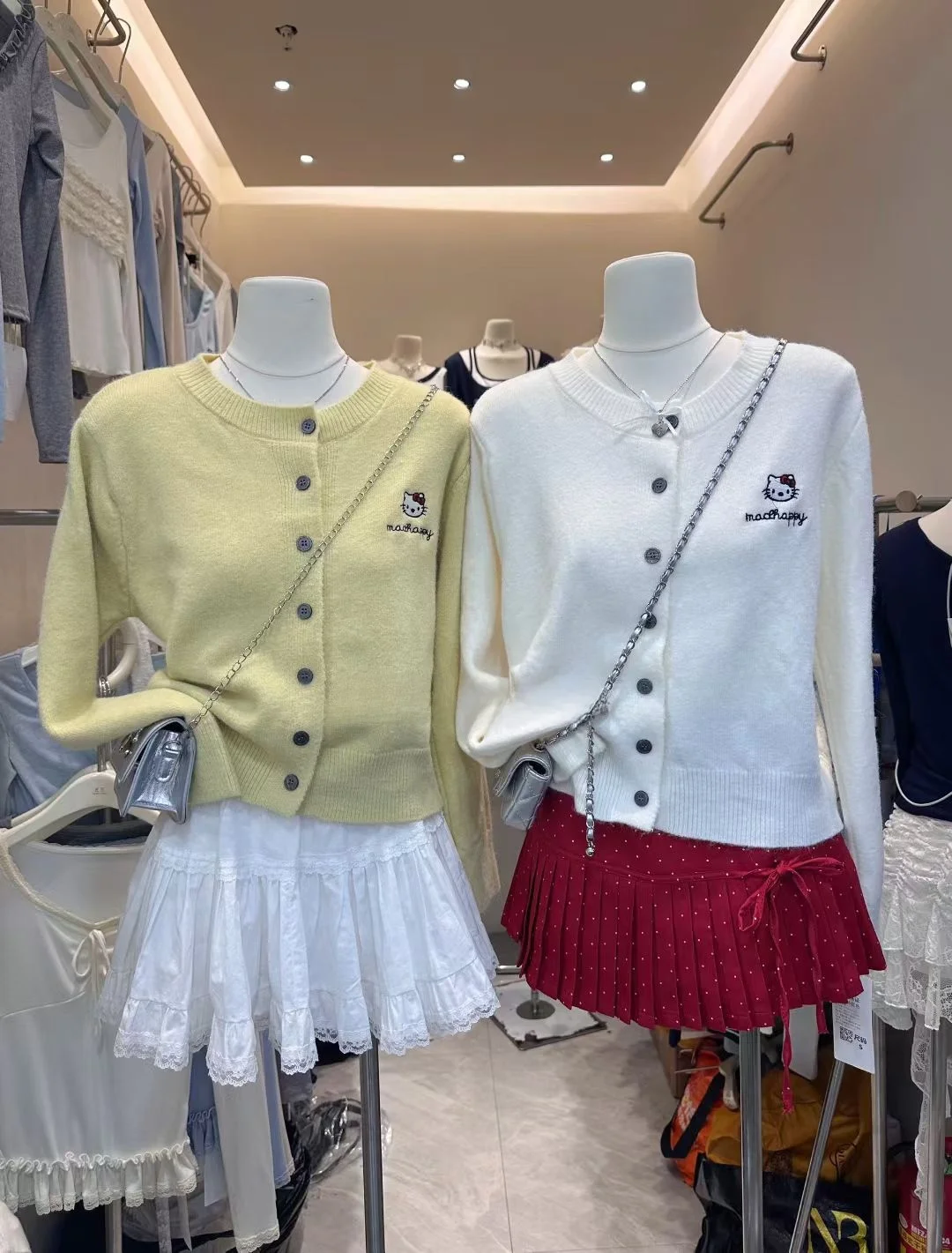 Bonito desenho animado KT bordado redondo Ne casual malha aberta cardigan feminino top coreano sle longo sve ajuste regular outono wi...