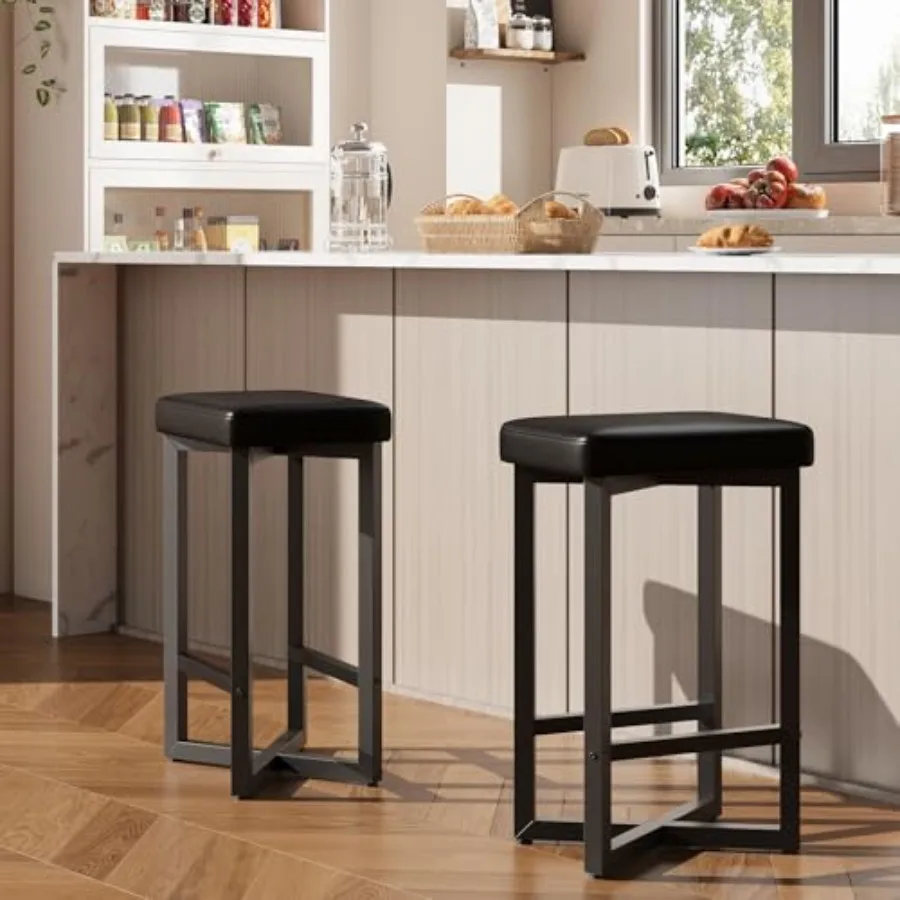

Bar Stools, 24.6" Counter Height Backless Barstools, Upholstered PU Leather Seats with Metal X-Frame and Footrest, Modern Kitch
