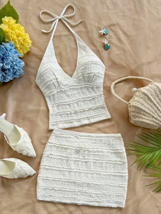 Fashionable Comfortable Texture Fabric Halter Top And Skirt Set New Arrival Women's Short Sleeveless Elegant Style for All Se...