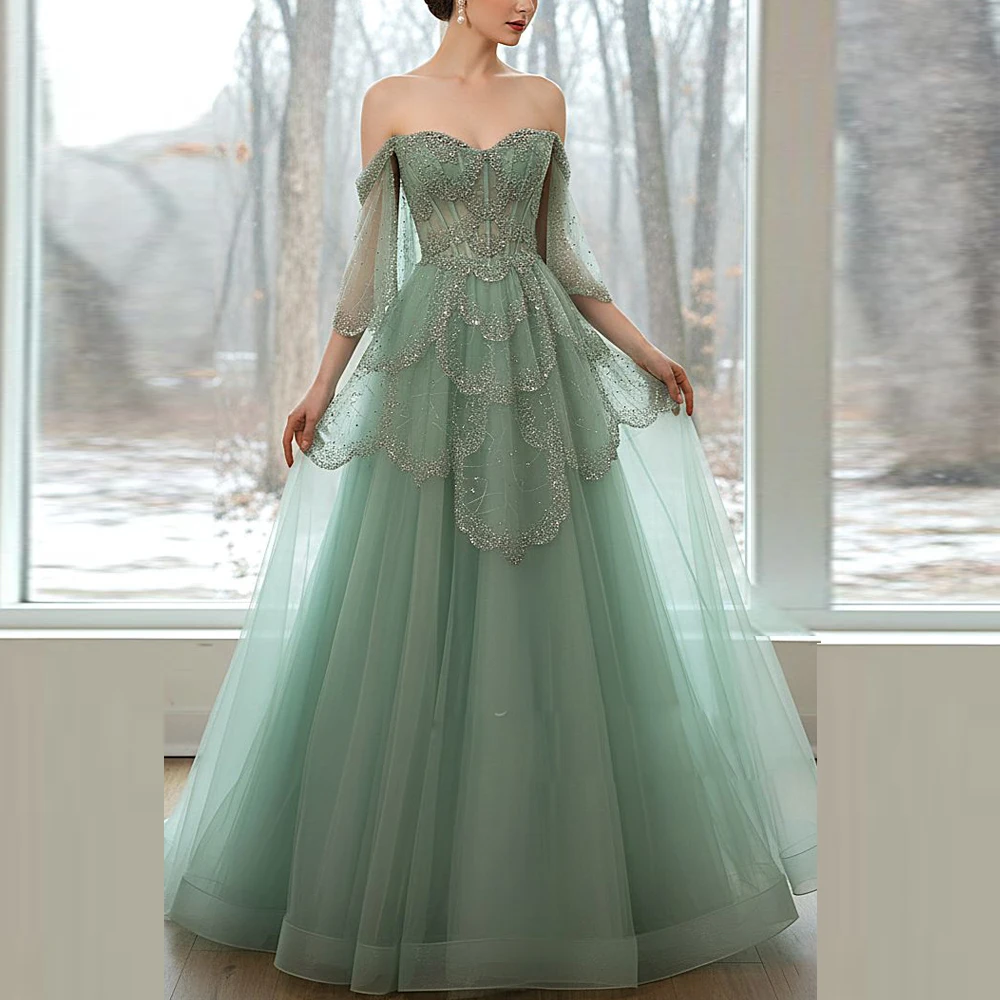 Maßgeschneidertes, schlichtes Abendkleid mit Perlen und Pailletten, schulterfrei, A-Linie, Partykleid, Tüll mit Blütenblättern, Abendgarderobe