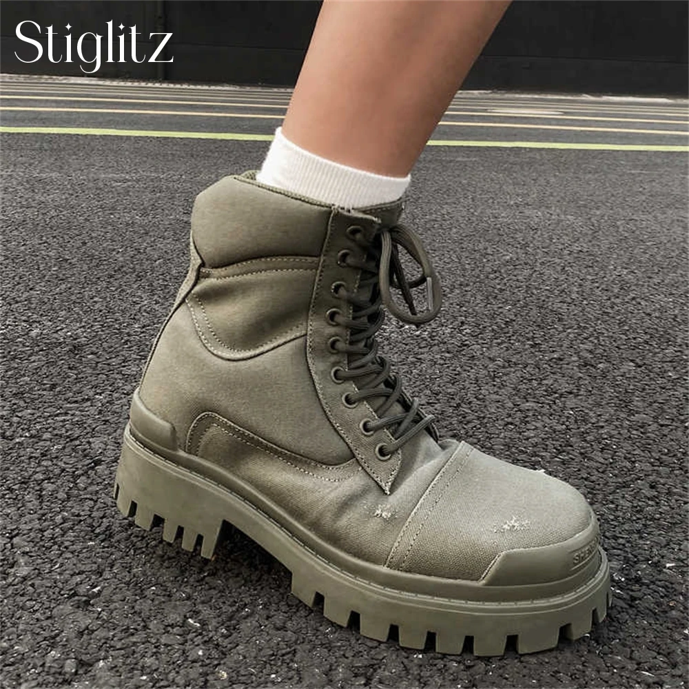 Army Green Canvas Motorcycle Boots Punk Style Lace up Ankle Boots Designer Style Fashion Handmade Platform Modern Boots for Men