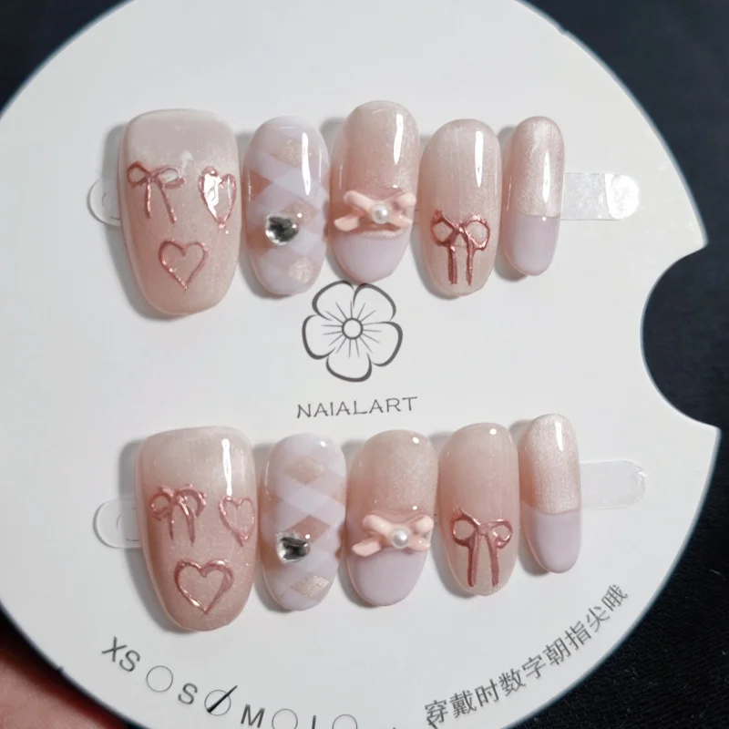 10 قطعة عين القط الوردي الحلو اليدوية قصيرة البيضاوي اضغط على الأظافر ثلاثية الأبعاد Bowknot أنماط القلب الماس الفرنسية وهمية مسمار يمكن ارتداؤها مانيكير #2