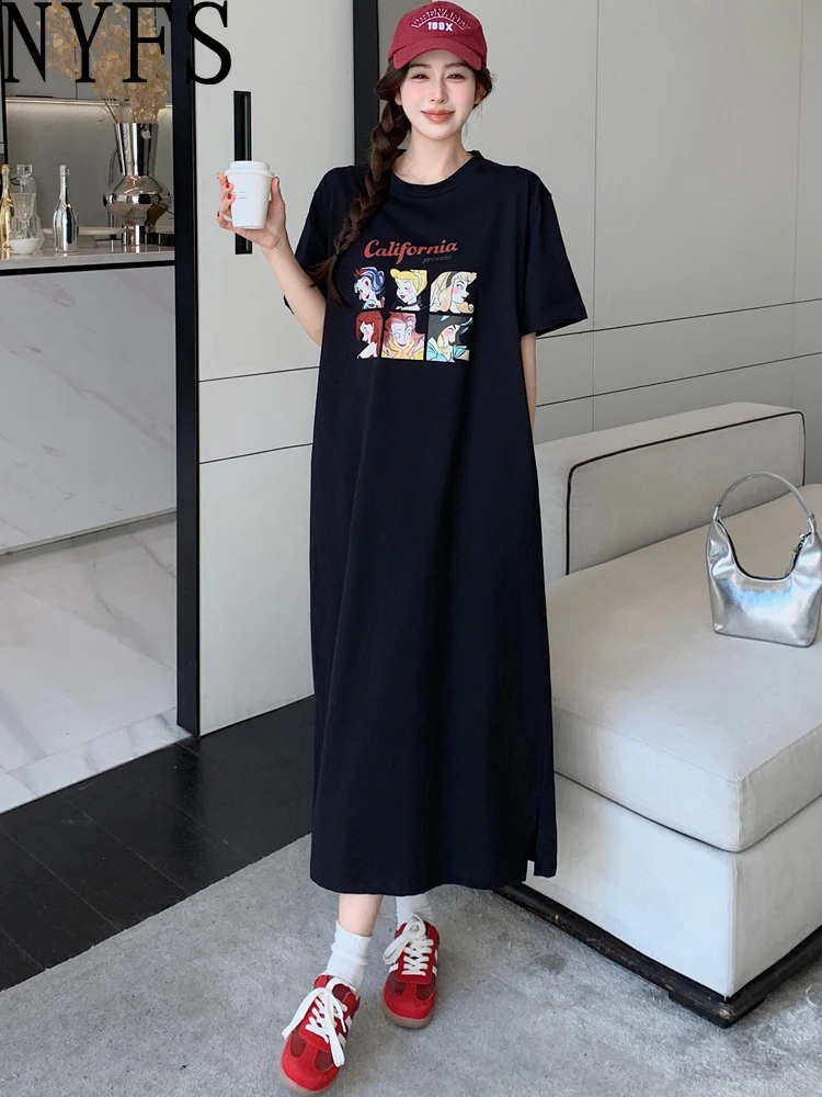 NYFS 2025 vestido de verano suelto de talla grande estampado camiseta vestidos largos bata Elbise manga corta estilo coreano nuevo vestido de mujer