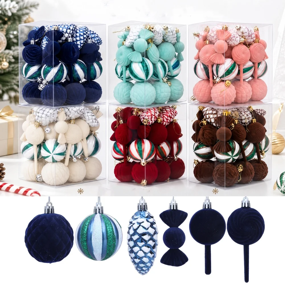 30Pcs Flocking Christmas Ball Ornaments Red Gold Bauble Set Shatterproof Hanging Decor For Xmas Tree Home Party Holiday Indoor