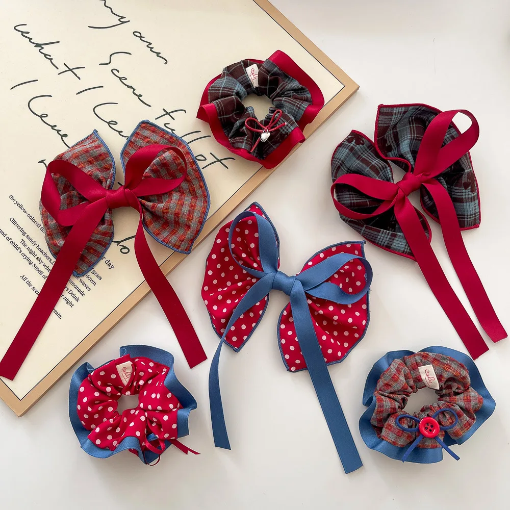 

Ретро красный и синий горошек веревка для волос эластичная повязка для волос для маленьких девочек клетчатый бант шпилька резинка детские аксессуары для волос