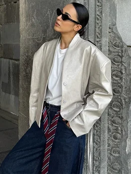 Fashion Solid Faux Leather Women's Jacket Long Sleeved Single Breasted Loose Coat Casual 2026 Autumn Winter High Street Wear 4