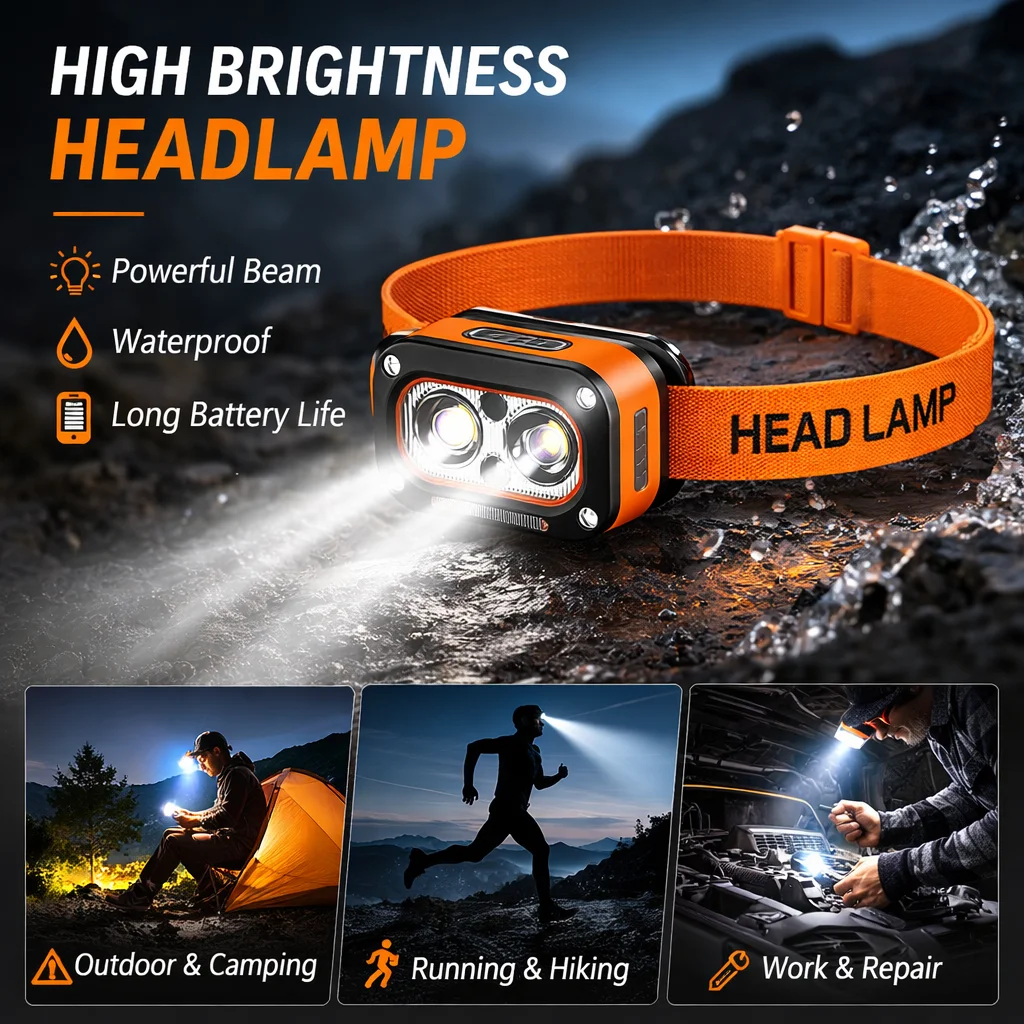 Ultra Bright LED Headlamp USB Rechargeable Waterproof Motion Sensor Headlight for Hiking Camping Running Outdoor Night Work