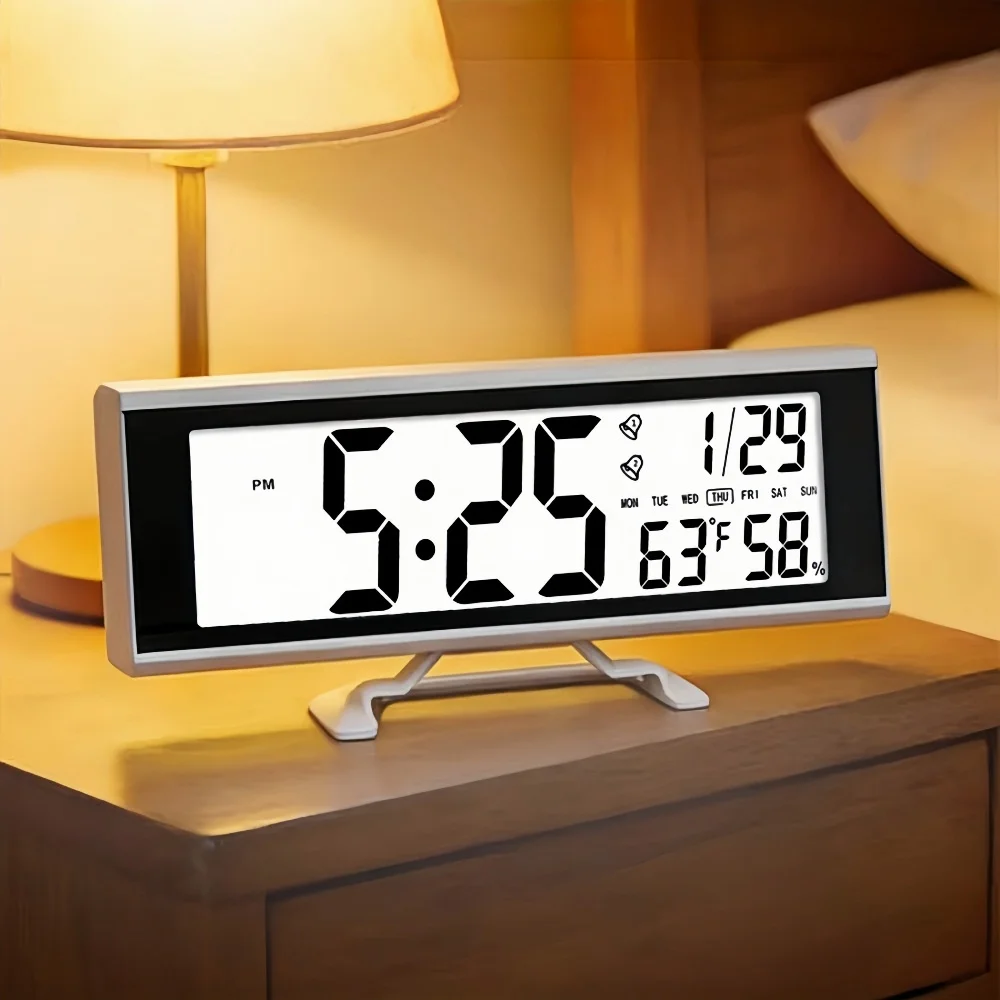 Battery Powered Large Digital Alarm Clock with Backlight Temperature Humidity Date Snooze Table Clock Dual Alarm12/24H LCD Clock