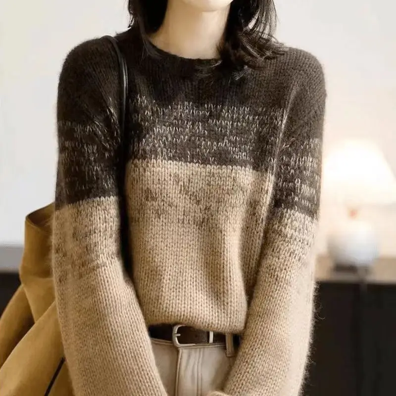 Autumn Winter Fashion Round Neck Knitted Sweater Pullover Ladies knitwear Gradient Color Long Sleeves Bottoming Shirt 2026 New