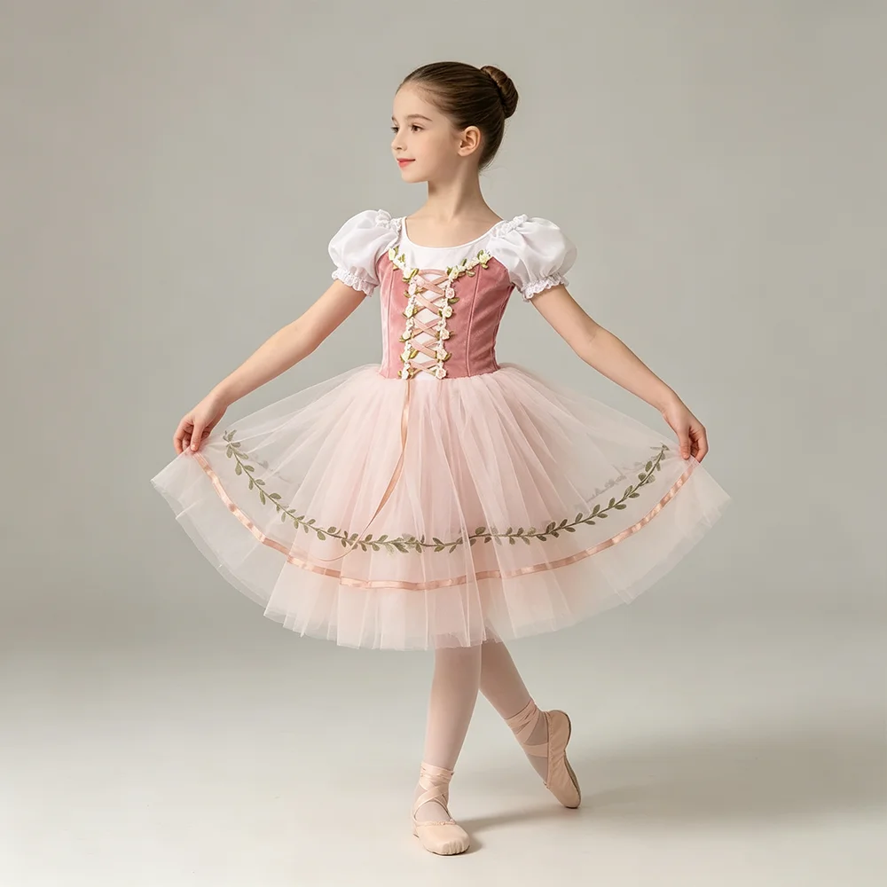 プロのバレエドレスパフスリーブフラワーベルベットガーゼパッチワークリボンバレリーナパーティードレス子供女の子ダンス衣装
