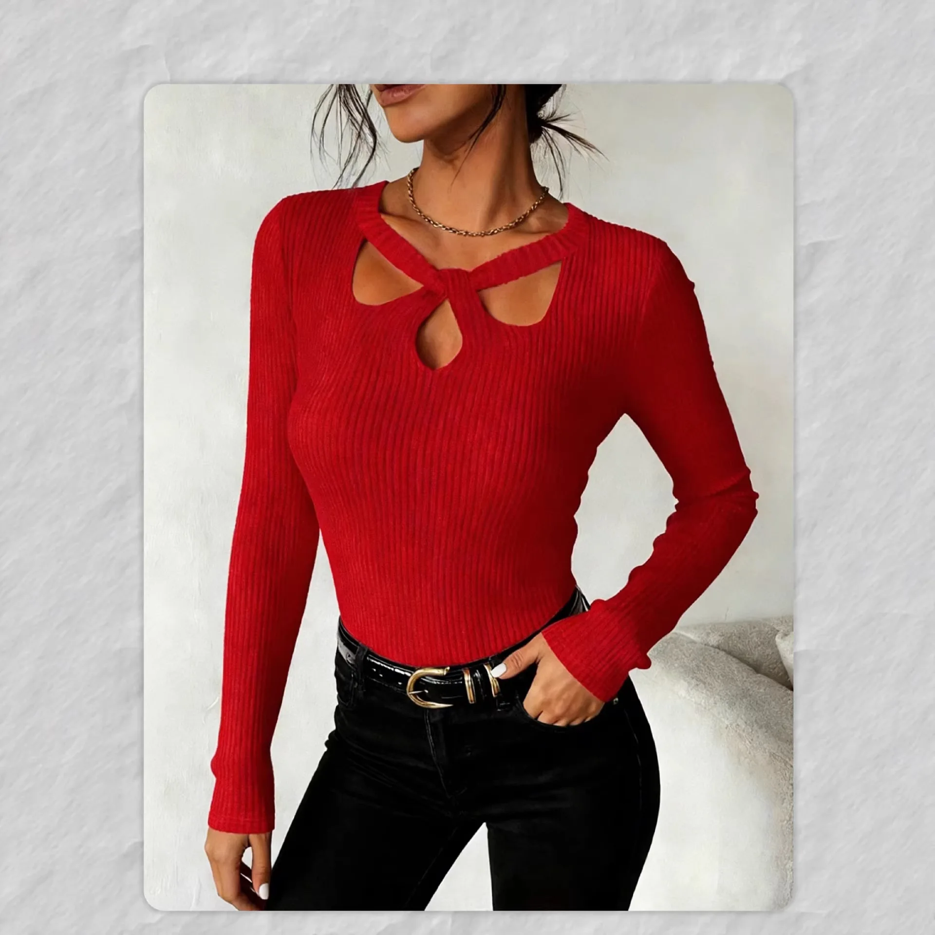 Cross-border Spring New Cross-cut Hollow Halter Neck Sweater for Women Long-sleeved Pullover Slim Bottoming Inner Wear