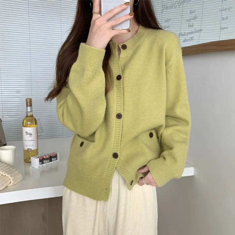 Women Round Neck Pocket Knit Cardigan Single Breasted Loose Long Sleeve Sweater