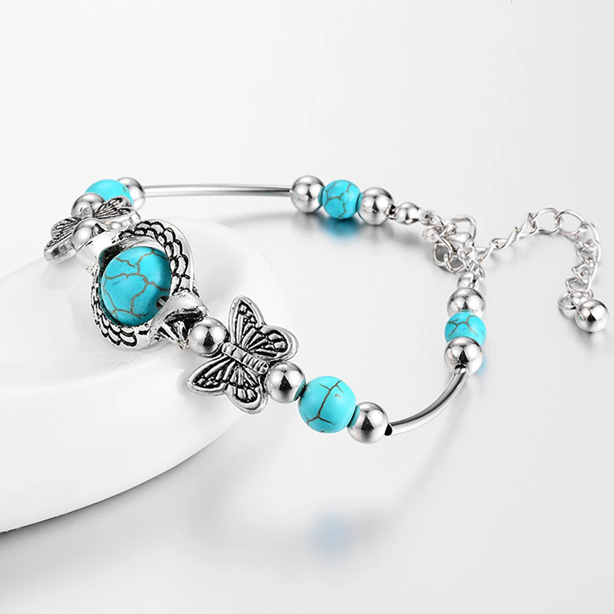 Ethnic Style Bohemian Natural Turquoise Butterfly Round Bead Bracelet for Women Summer Beach Decorative Accessories Jewelry Gift