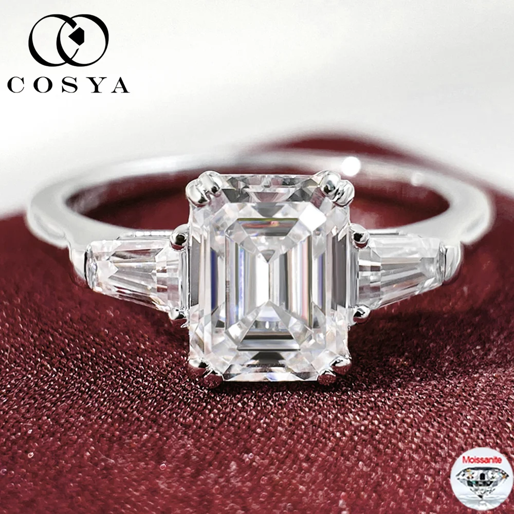 

COSYA 1/2/3/4CT Emerald Cut Moissanite Three Stone Ring for Women S925 Sterling Silver Lab Diamond Wedding Band Jewelry Gift