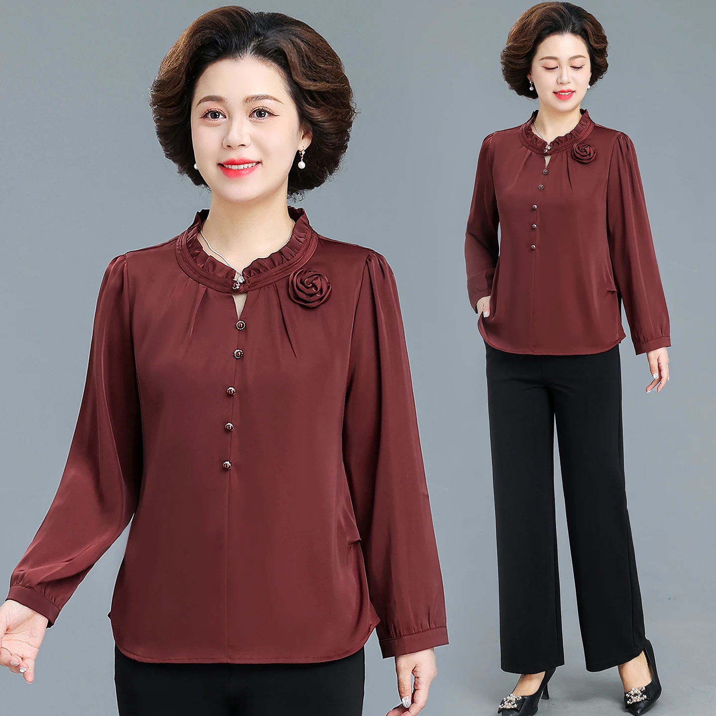 

Sli Mid-Aged Women's Autumn irt Ele Personali Wedding Banquet Clothes Korean Sle Loose Fit Long Sve irt