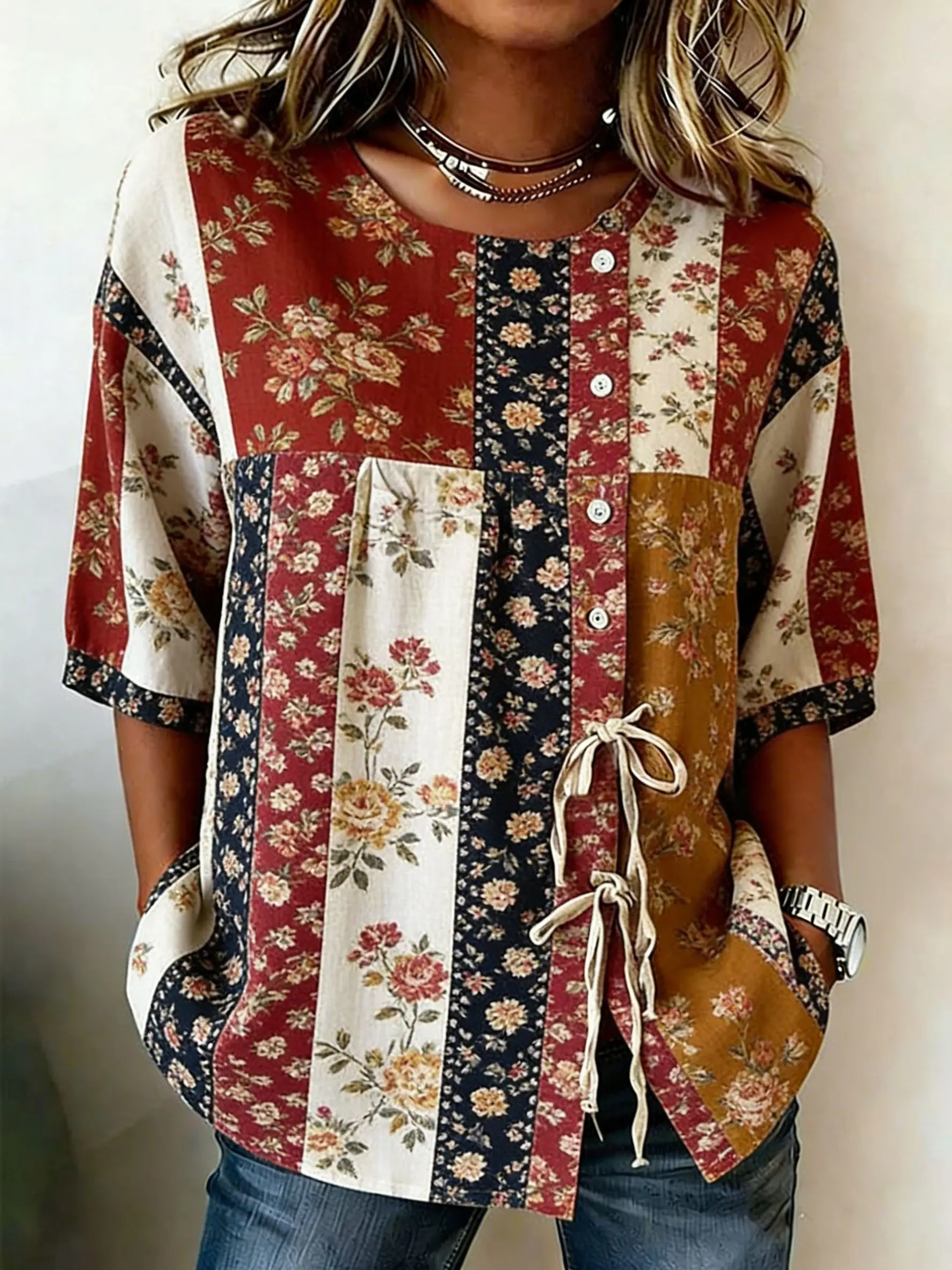 

Women's Vintage Floral Patchwork Casual Blouse, Button Tie Front Loose Top for Spring Summer Daily Wear