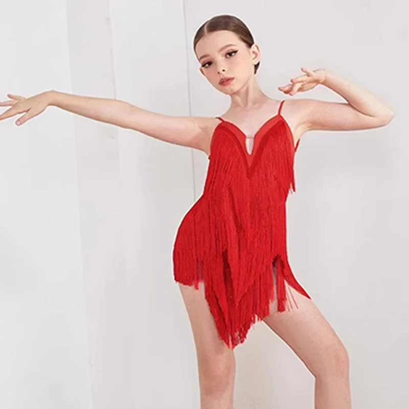 Robe de compétition multi-glands, vêtements de danse Cha Rumba Samba pour enfants, robe à franges noire ZYM pour filles, robe de danse latine