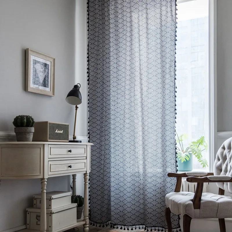 Cotton Linen Curtain Japanese-style Navy Blue and Style Print Curtain Semi-shading Bay Blackout Window Bedroom Living Room