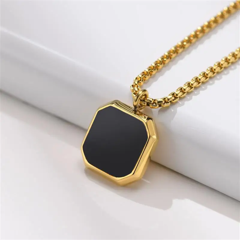 Fashion Square Natural Stone Necklace for Men Solid Stainless Steel Geometric Polygon Pendant Casual Punk Vintage Jewelry Gift