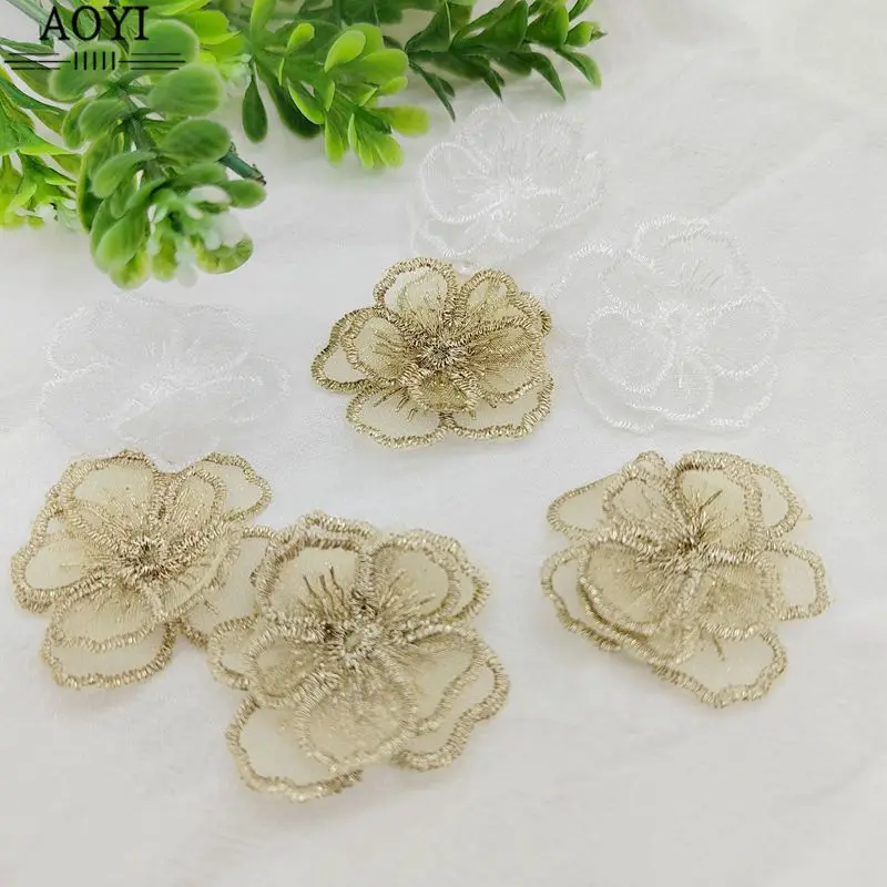 10pcs 4cm Gold White 3D Dimensional Small  DIY Flowers Appliqued Patches  Eugenia For Wedding Dress Decoration Accessories