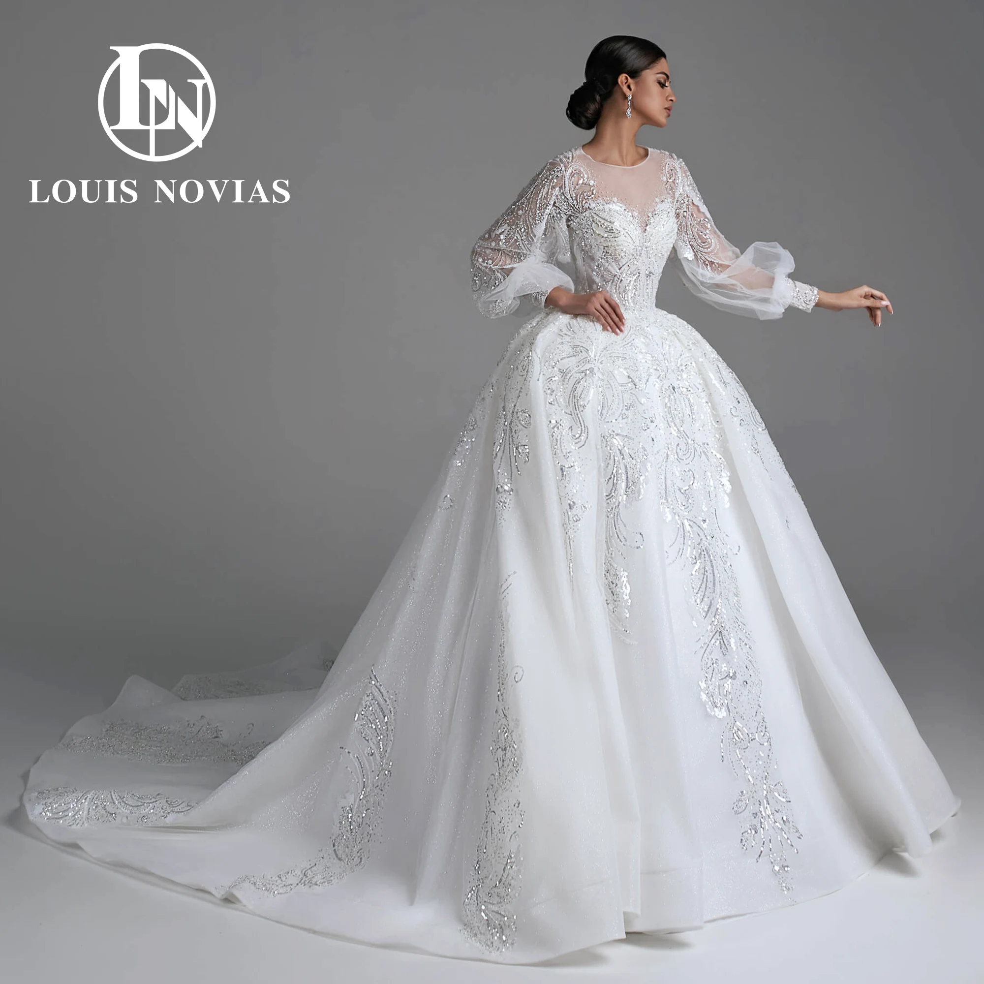 LOUIS NOVIAS Luxury Ball Gown Wedding Dress Sexy Invisible Neckline Embroidery Beading Lace Royal Wedding Gown Vestidos De Novia