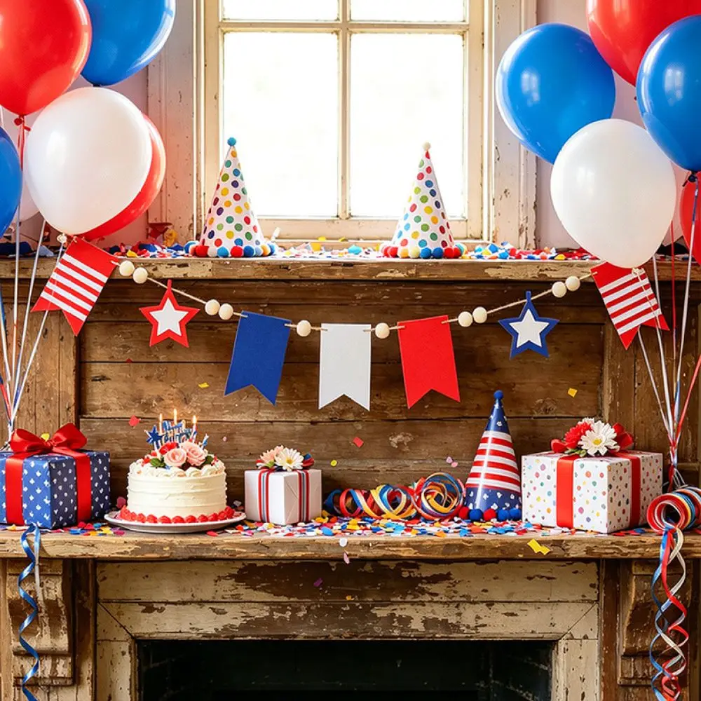 Red White Blue Felt USA Garland Wooden Beads Banner Patriotic Hanging Decor For Day Party Home Supplies